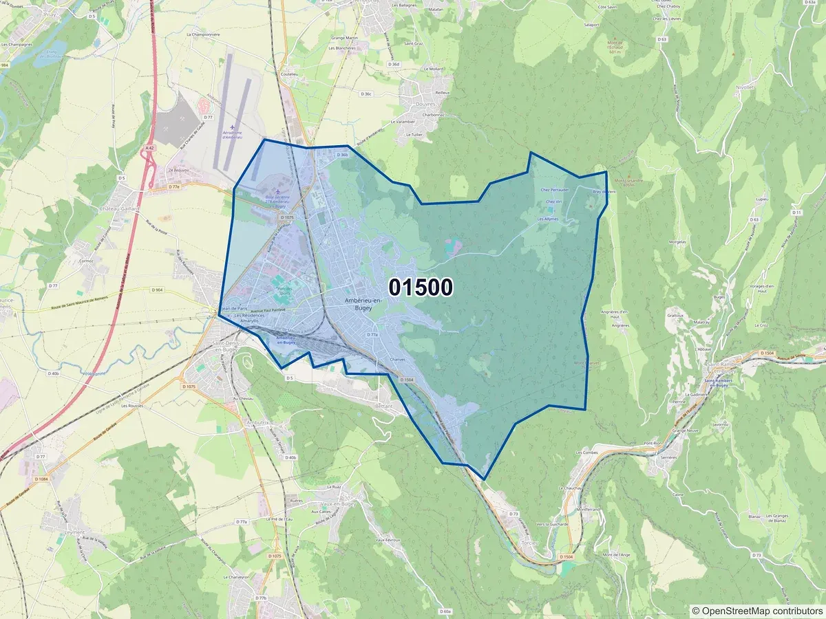 Carte du code postal 01500 (AMBERIEU EN BUGEY)