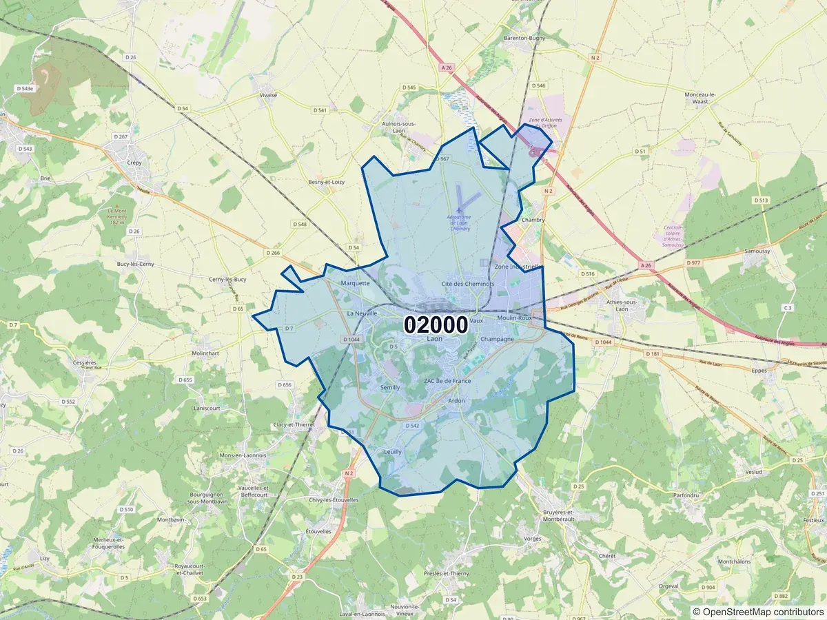 Carte du code postal 02000 (AULNOIS SOUS LAON)