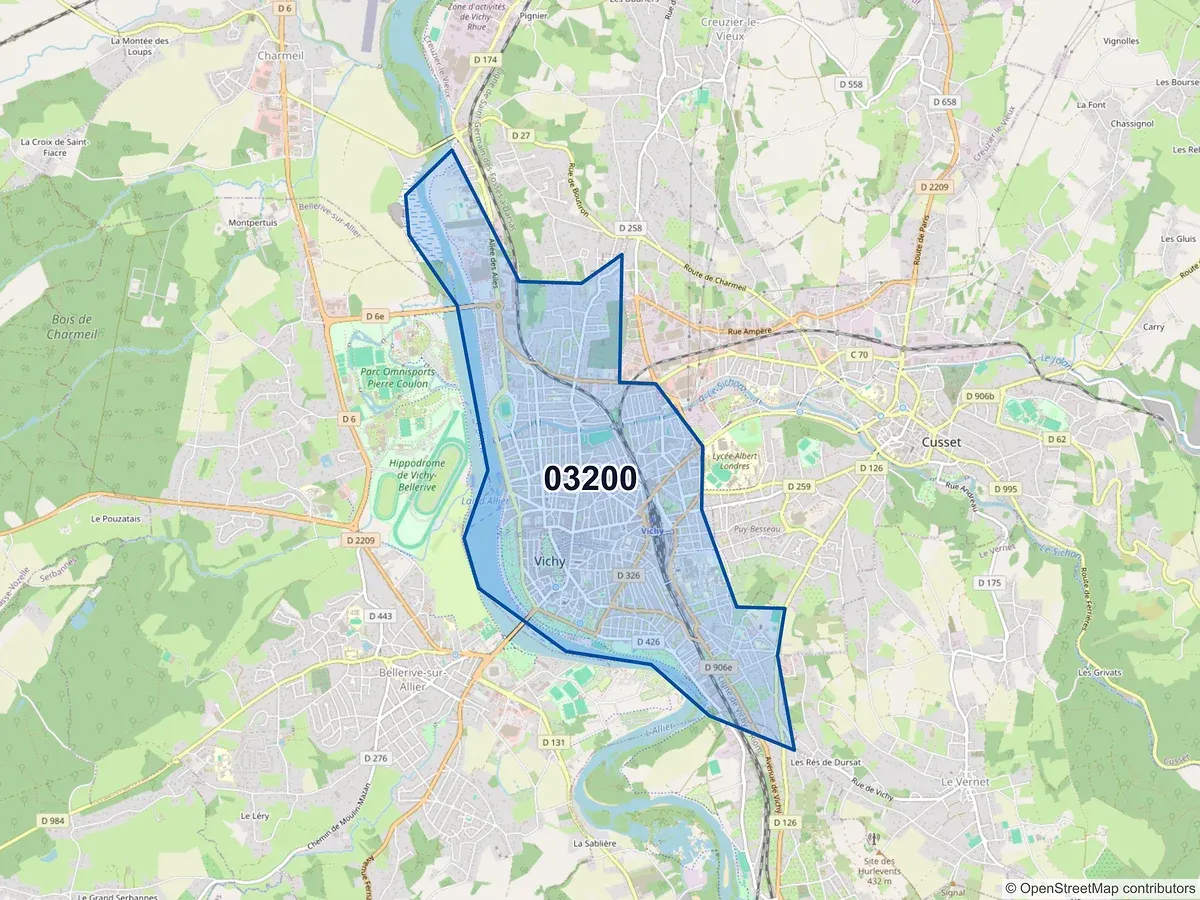 Carte du code postal 03200 (ABREST)
