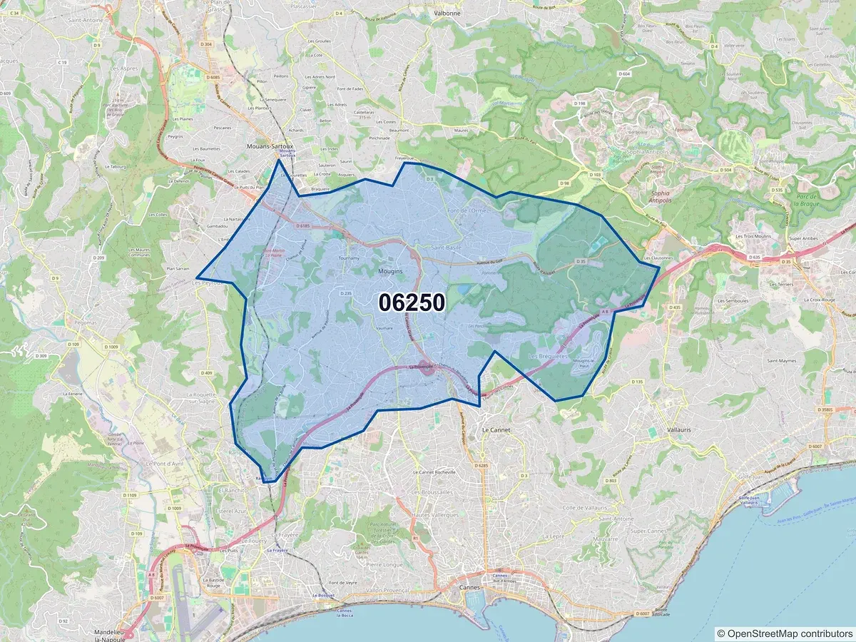 Carte du code postal 06250 (MOUGINS)