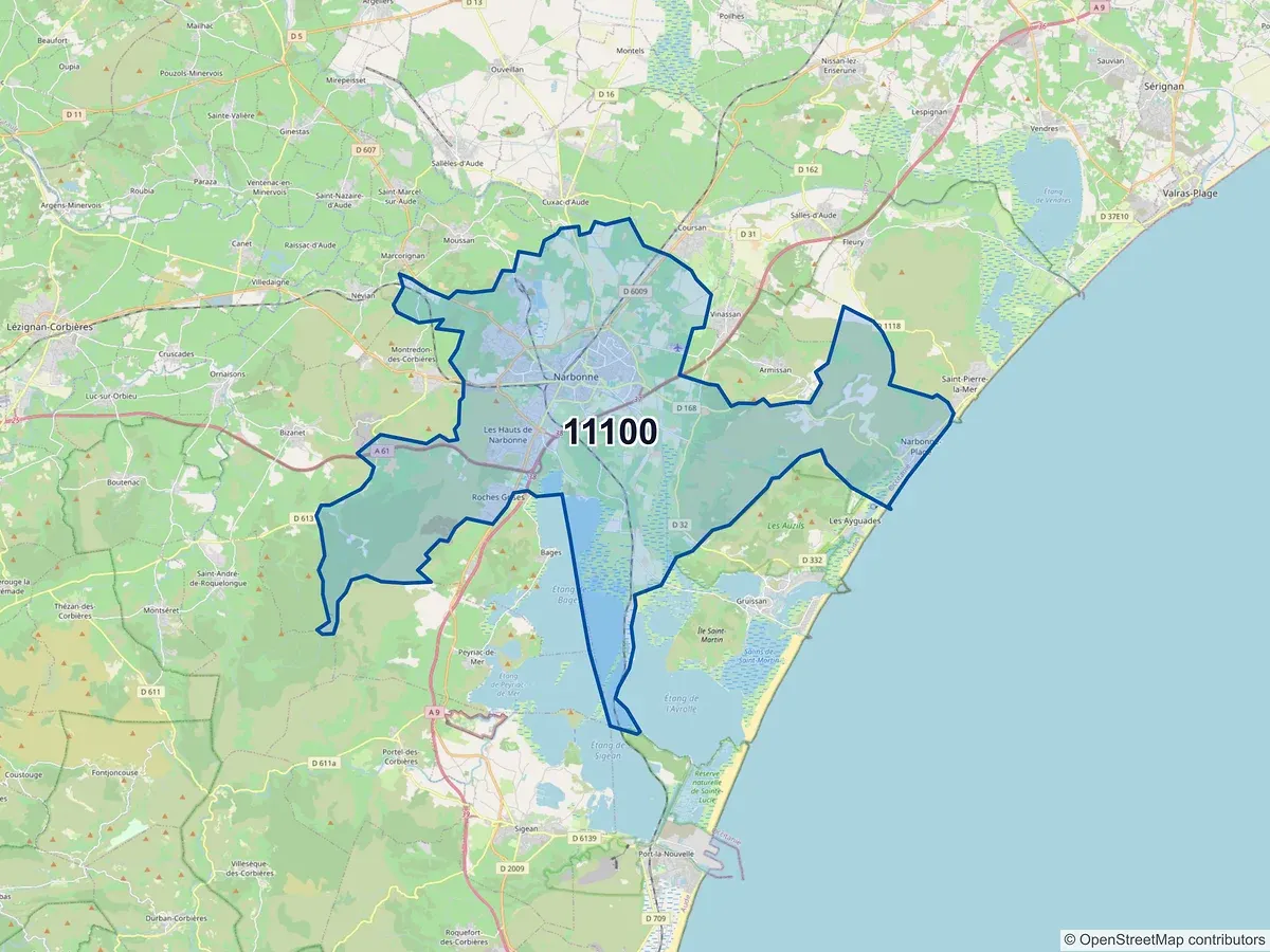 Carte du code postal 11100 (BAGES)