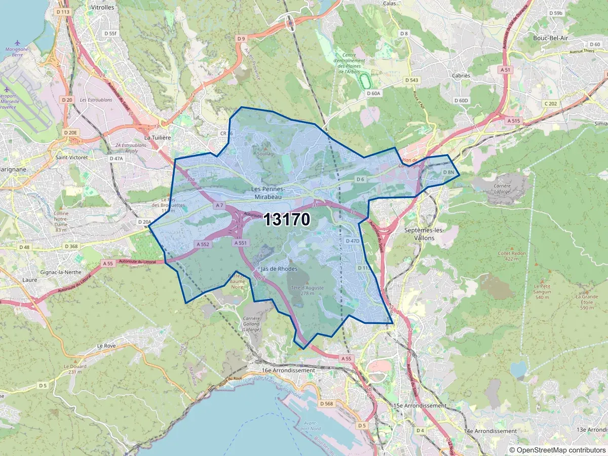 Carte du code postal 13170 (LES PENNES MIRABEAU)