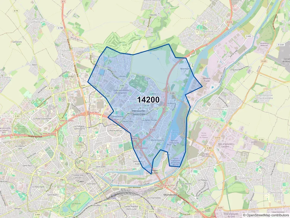 Carte du code postal 14200 (HEROUVILLE ST CLAIR)