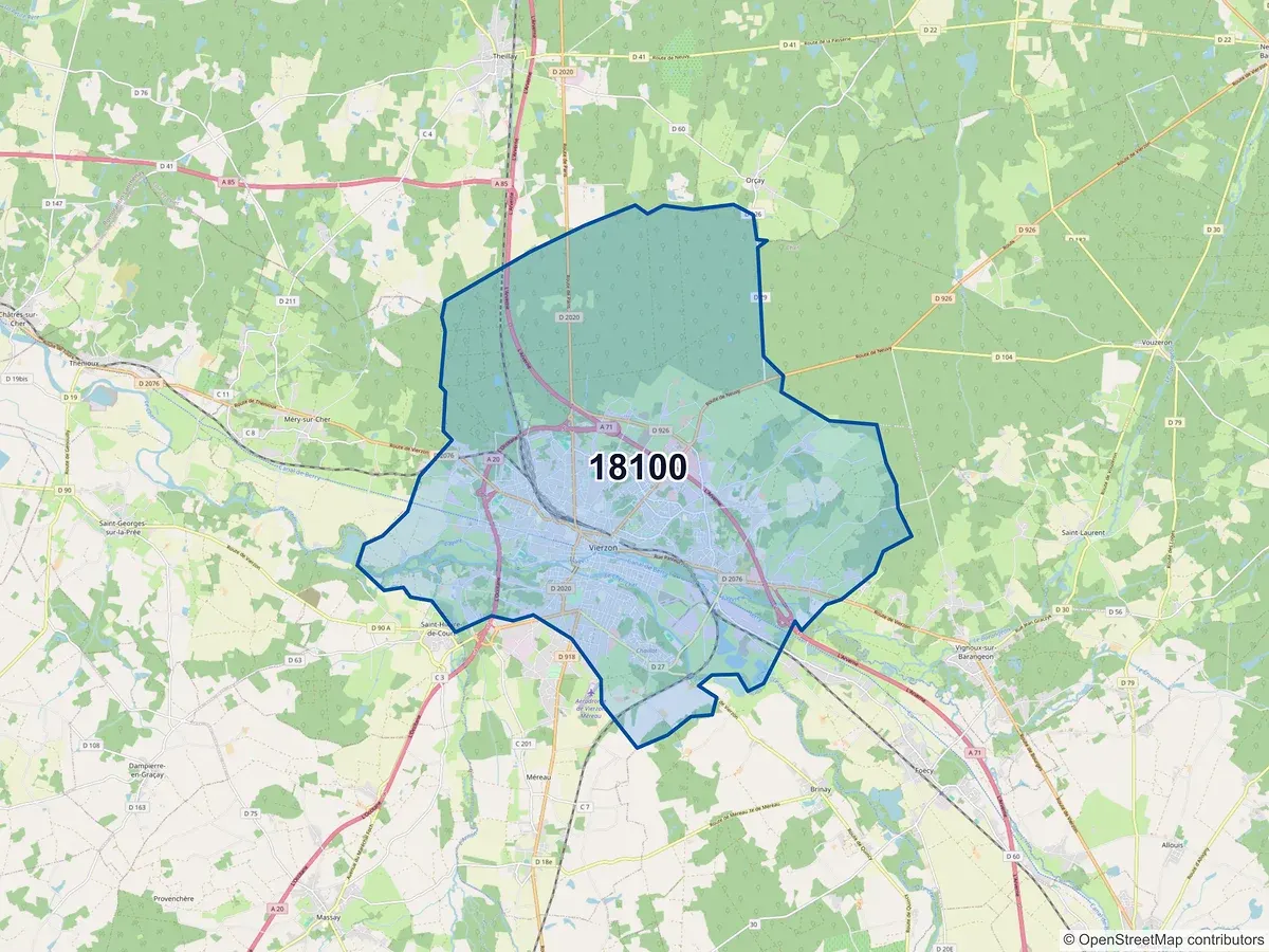 Carte du code postal 18100 (MERY SUR CHER)