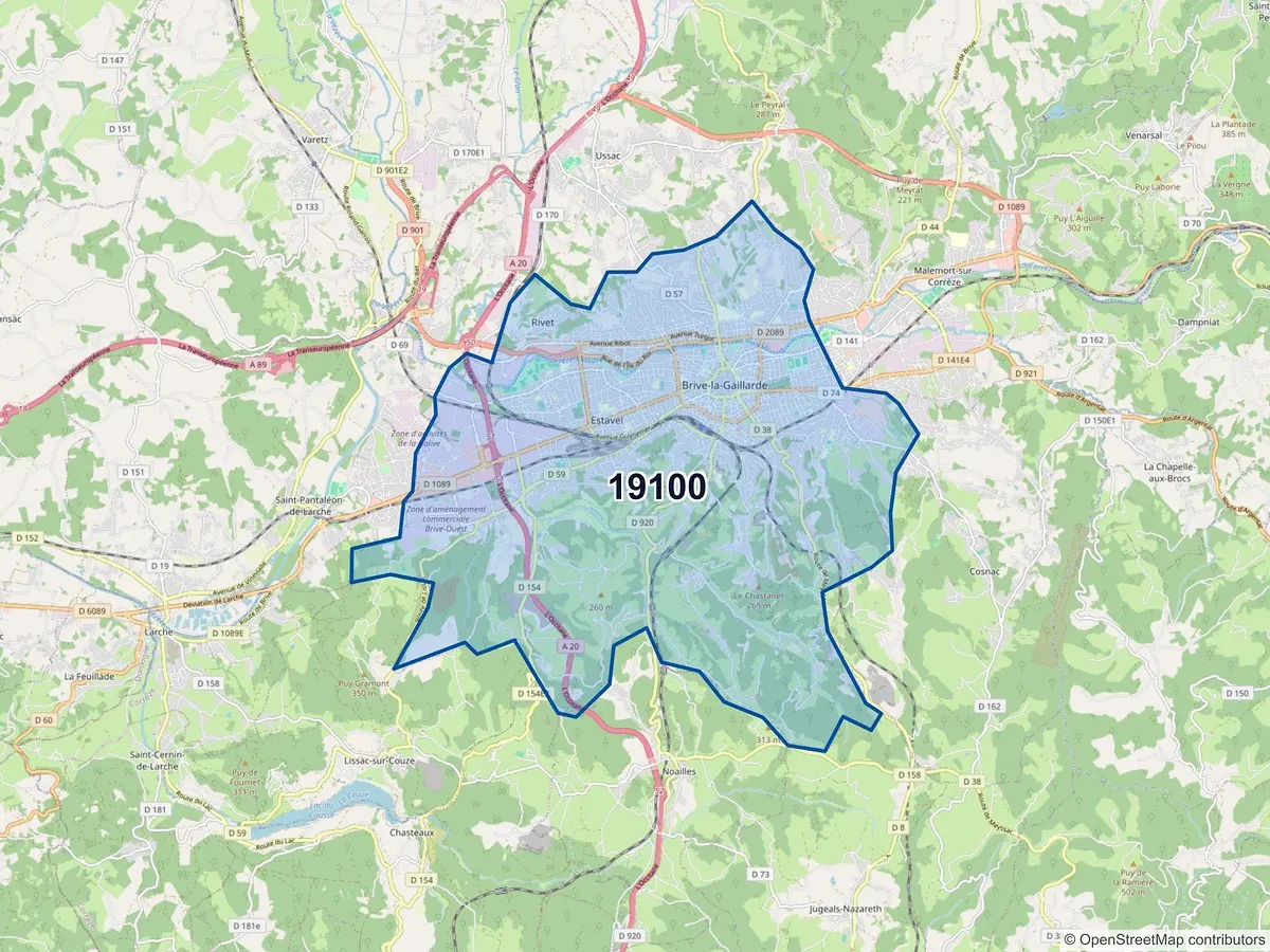 Carte du code postal 19100 (BRIVE LA GAILLARDE)