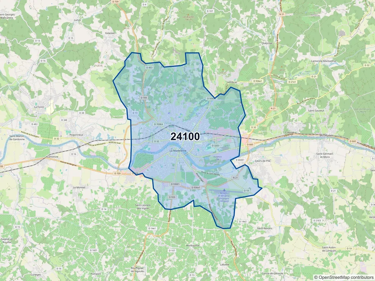 Carte du code postal 24100 (BERGERAC)