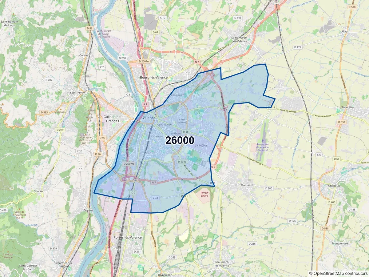Carte du code postal 26000 (VALENCE)
