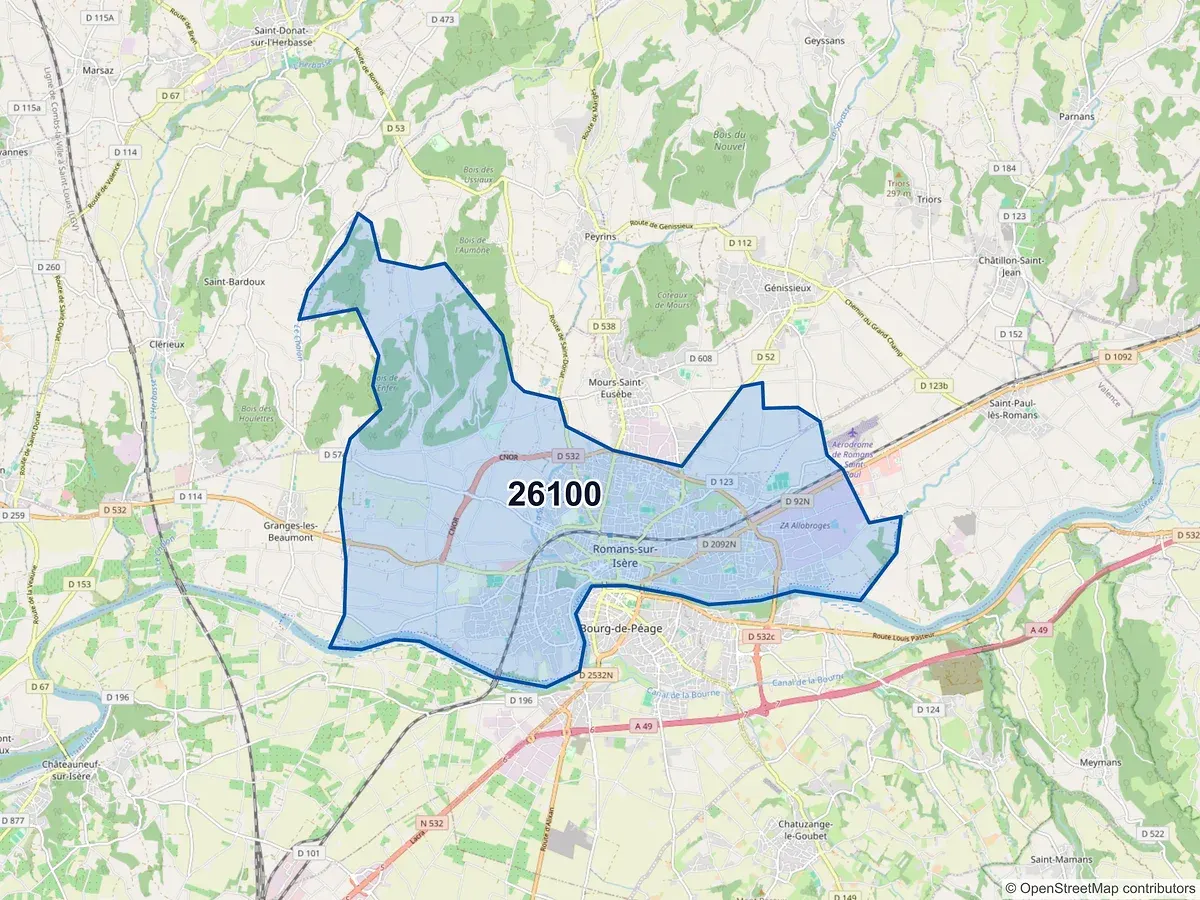 Carte du code postal 26100 (ROMANS SUR ISERE)