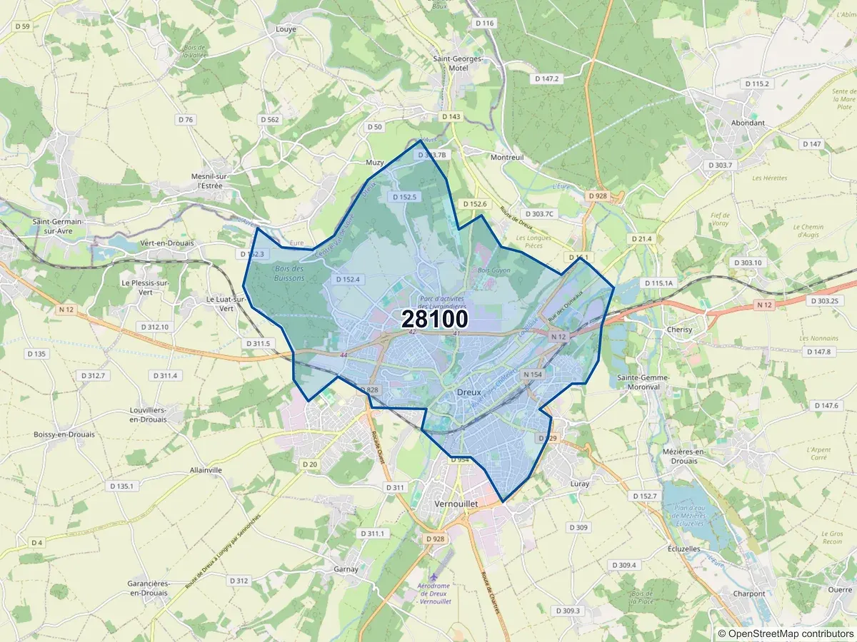 Carte du code postal 28100 (DREUX)