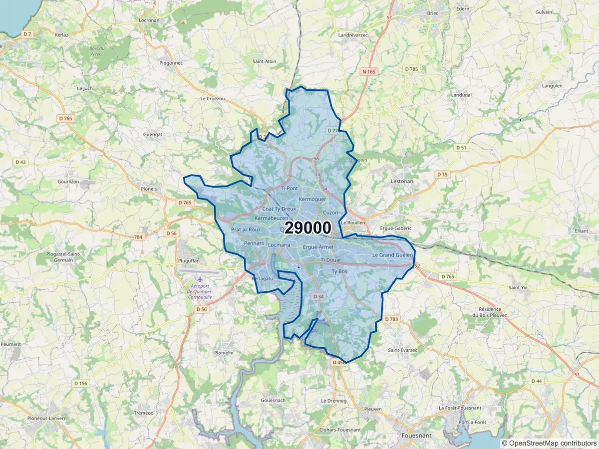 Carte du code postal 29000 (QUIMPER)