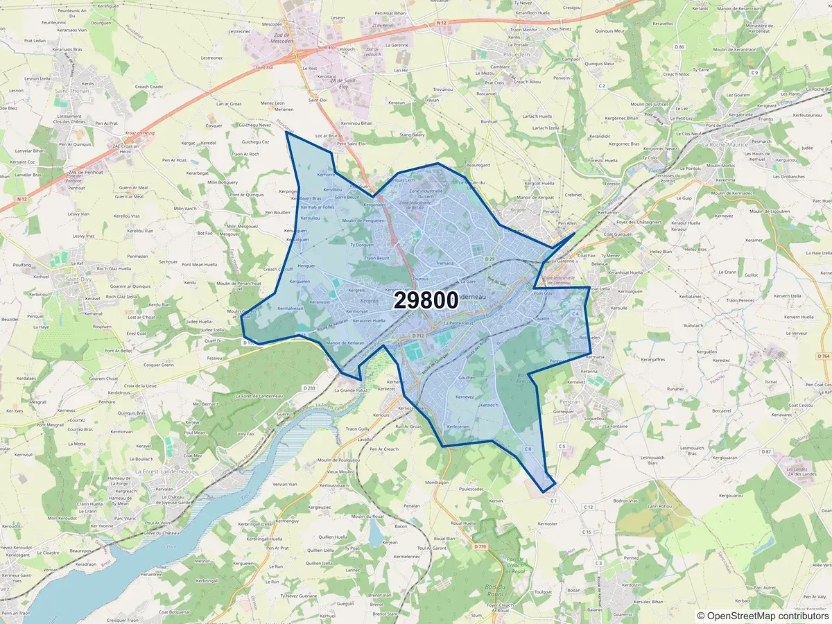 Carte du code postal 29800 (LA FOREST LANDERNEAU)