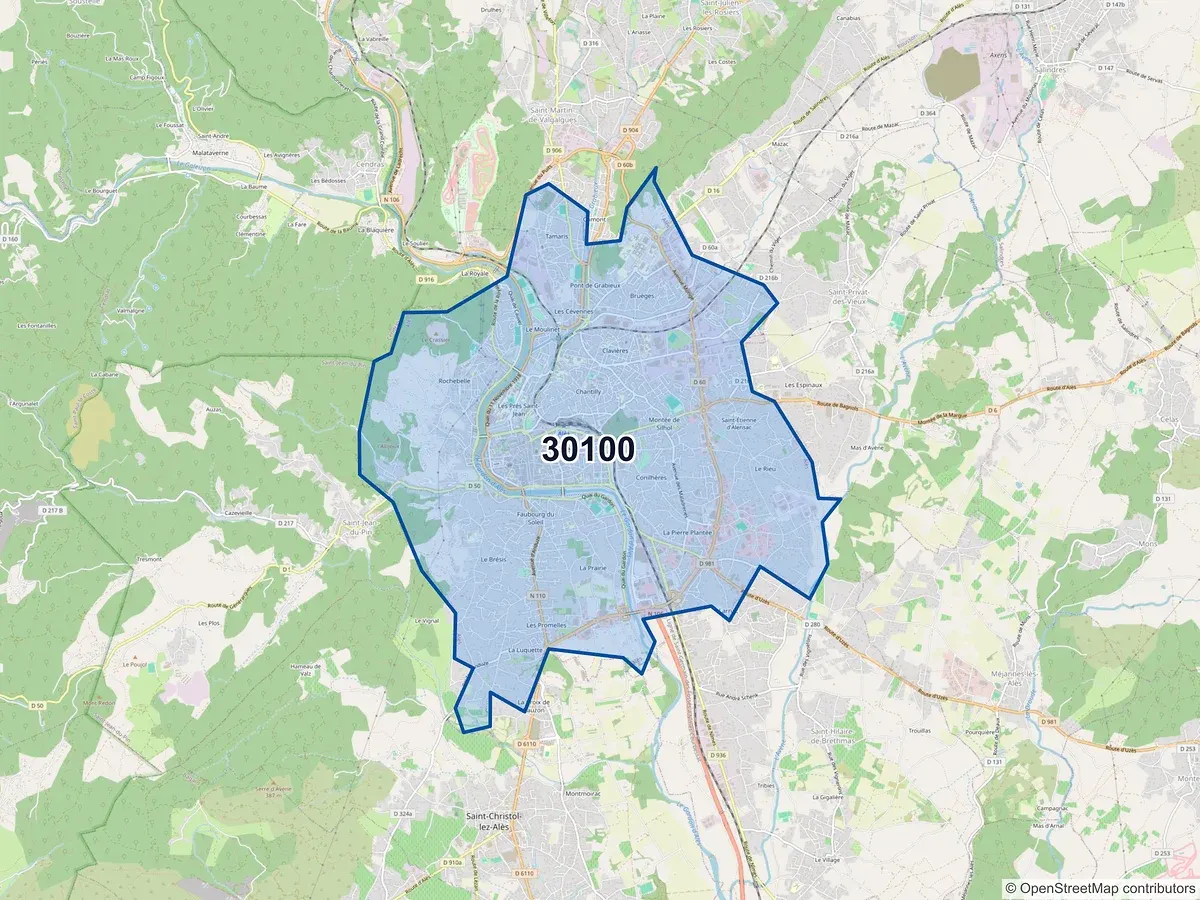 Carte du code postal 30100 (ALES)