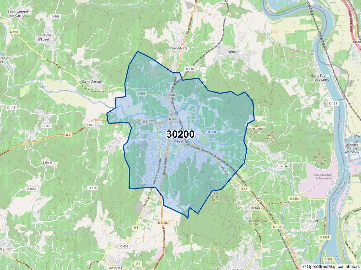 Carte du code postal 30200 (BAGNOLS SUR CEZE)
