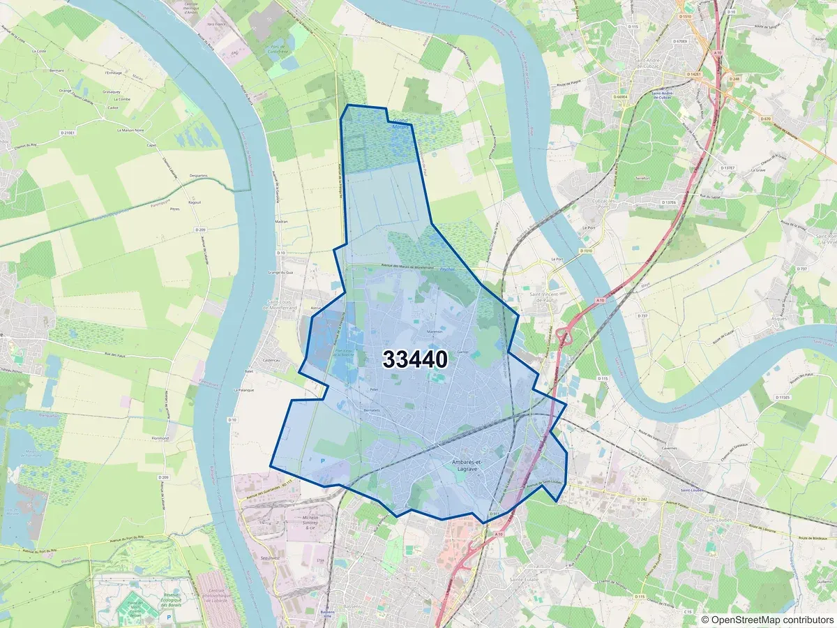 Carte du code postal 33440 (AMBARES ET LAGRAVE)