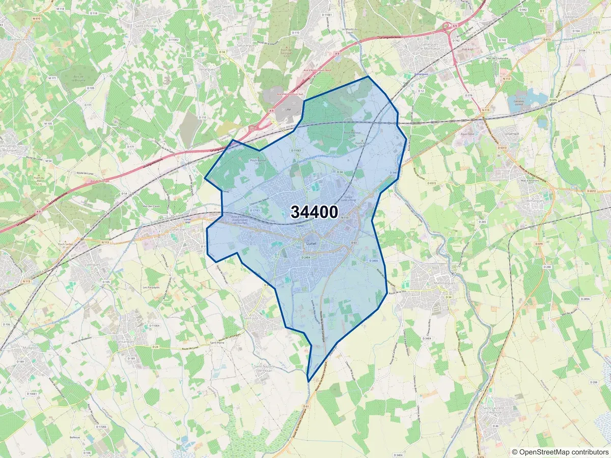 Carte du code postal 34400 (LUNEL)