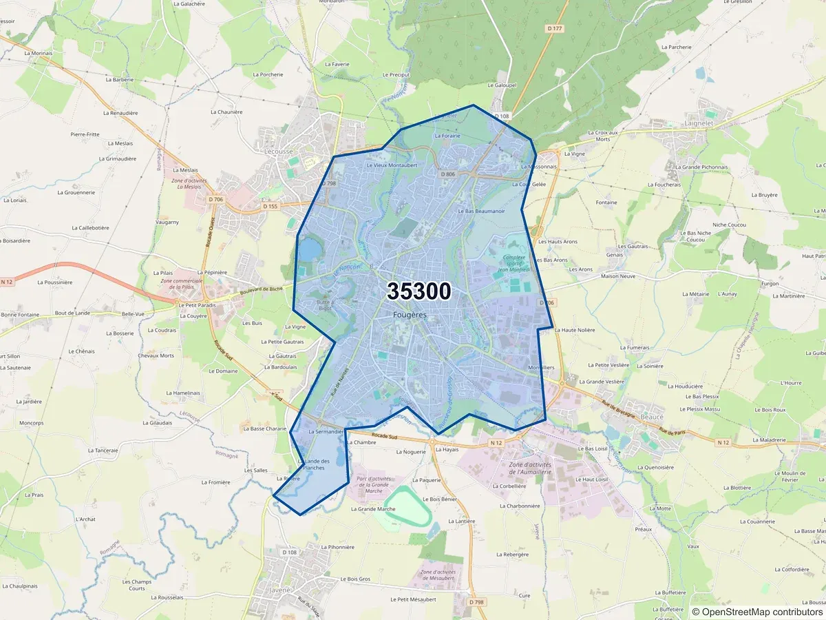 Carte du code postal 35300 (FOUGERES)