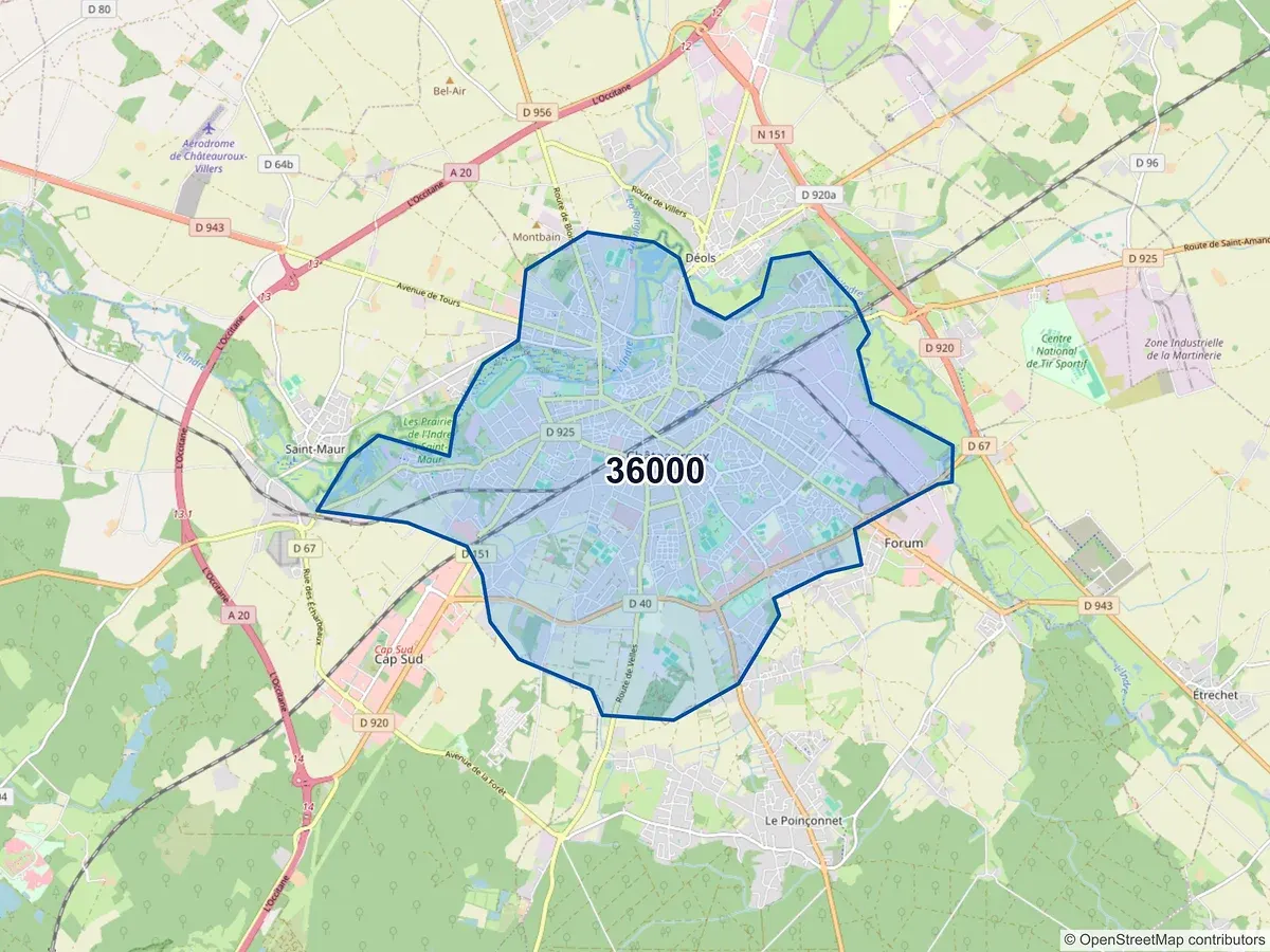 Carte du code postal 36000 (CHATEAUROUX)