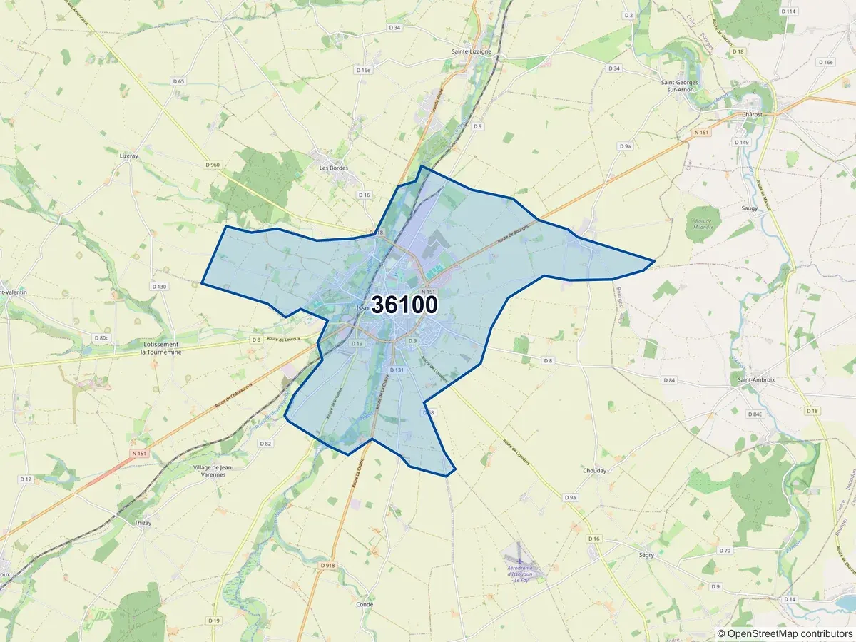 Carte du code postal 36100 (LES BORDES)