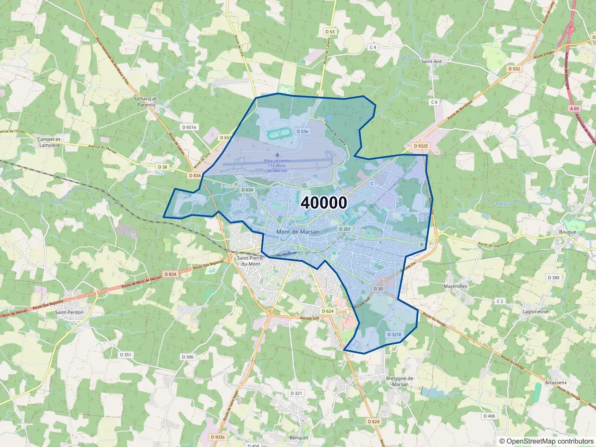 Carte du code postal 40000 (MONT DE MARSAN)