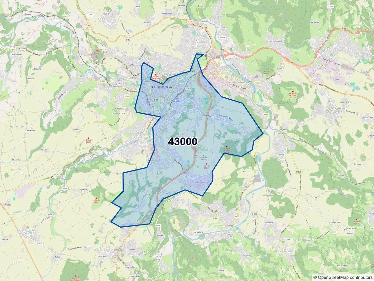 Carte du code postal 43000 (AIGUILHE)