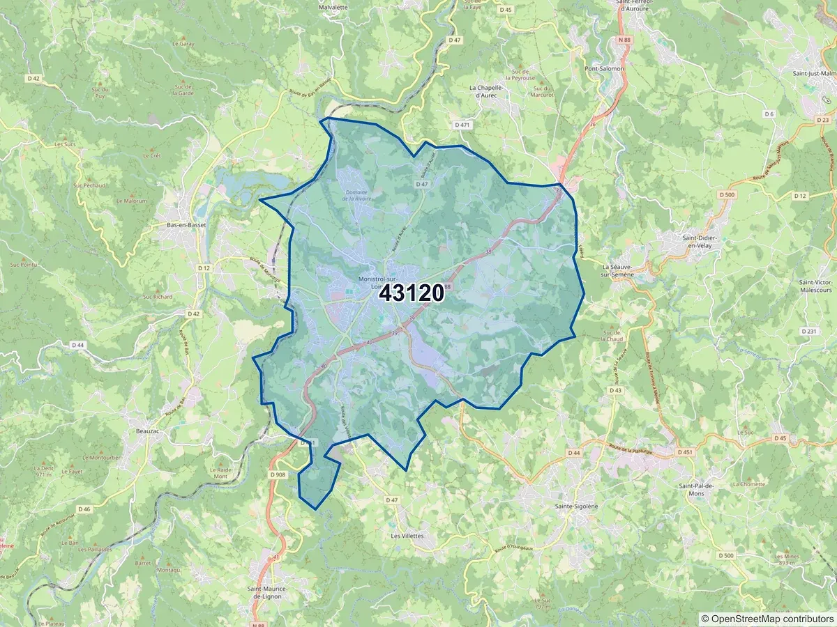 Carte du code postal 43120 (LA CHAPELLE D AUREC)