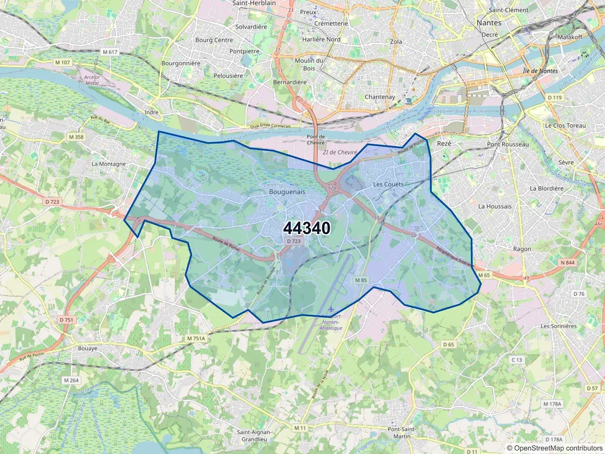 Carte du code postal 44340 (BOUGUENAIS)