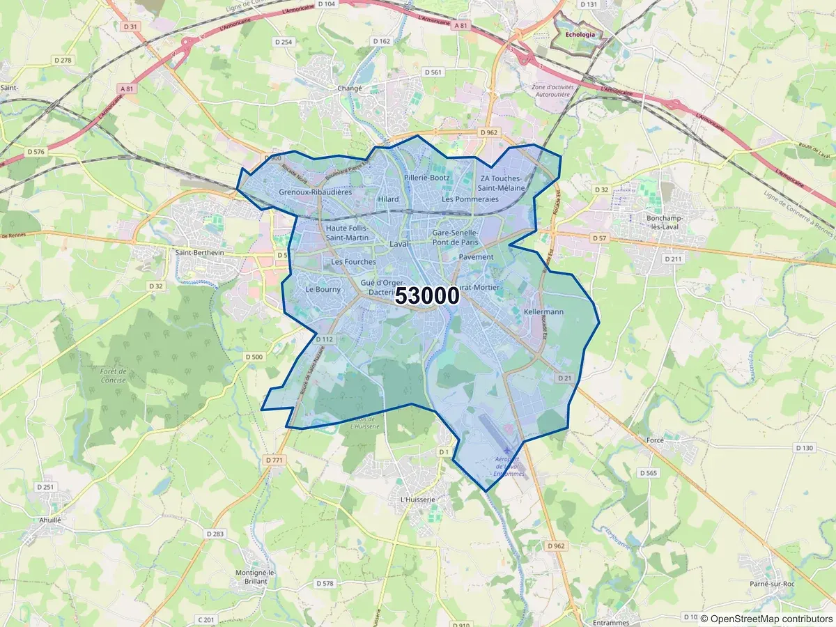 Carte du code postal 53000 (LAVAL)