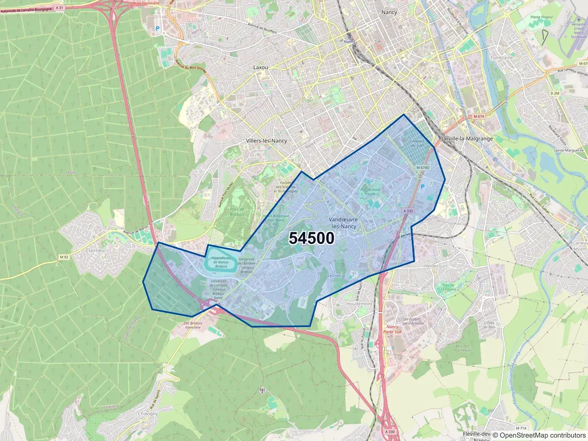 Carte du code postal 54500 (VANDOEUVRE LES NANCY)