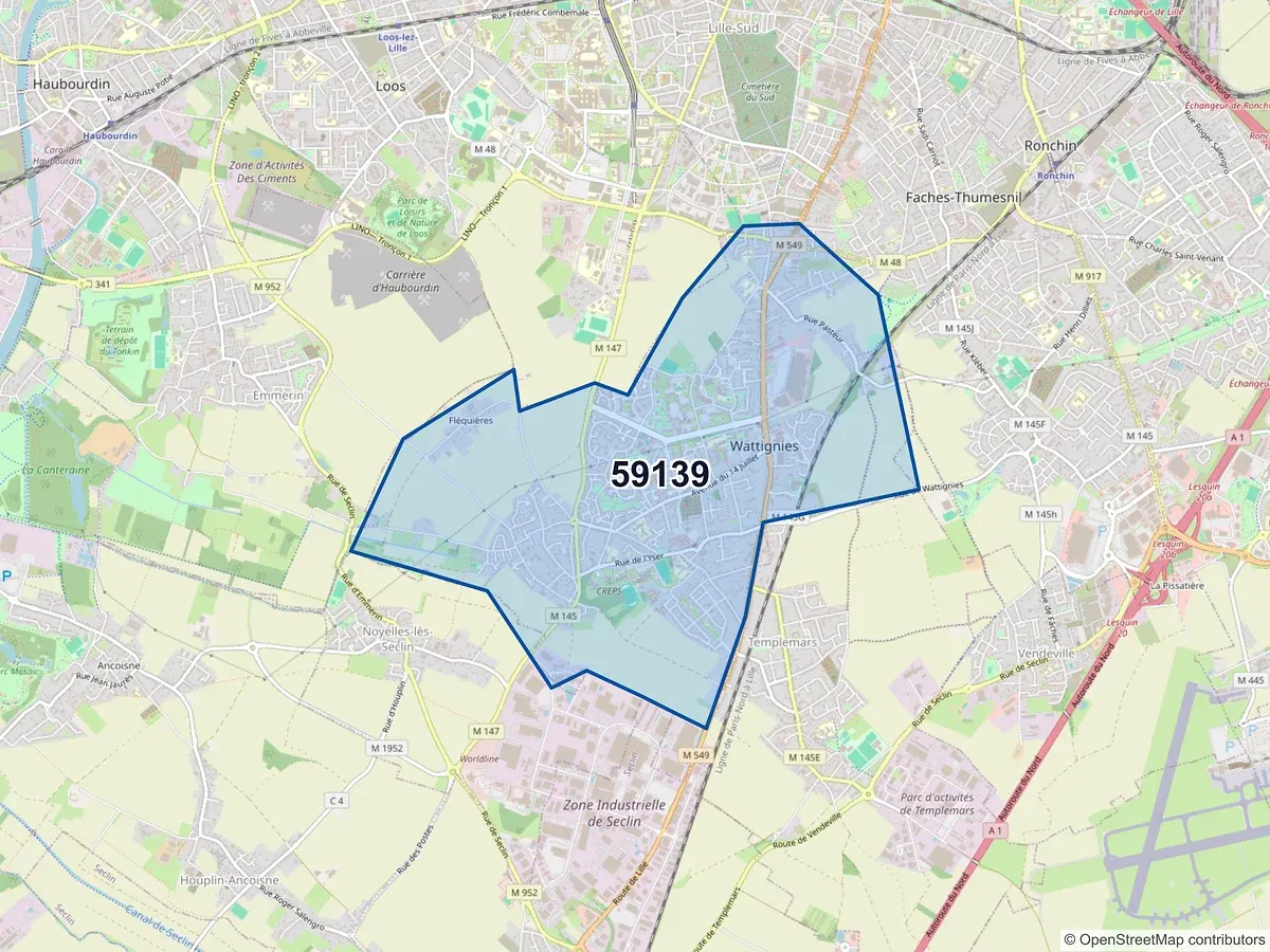 Carte du code postal 59139 (NOYELLES LES SECLIN)