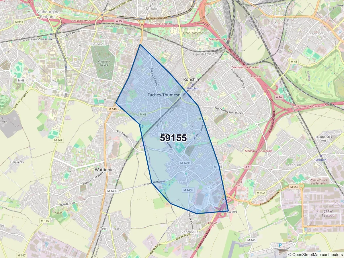 Carte du code postal 59155 (FACHES THUMESNIL)