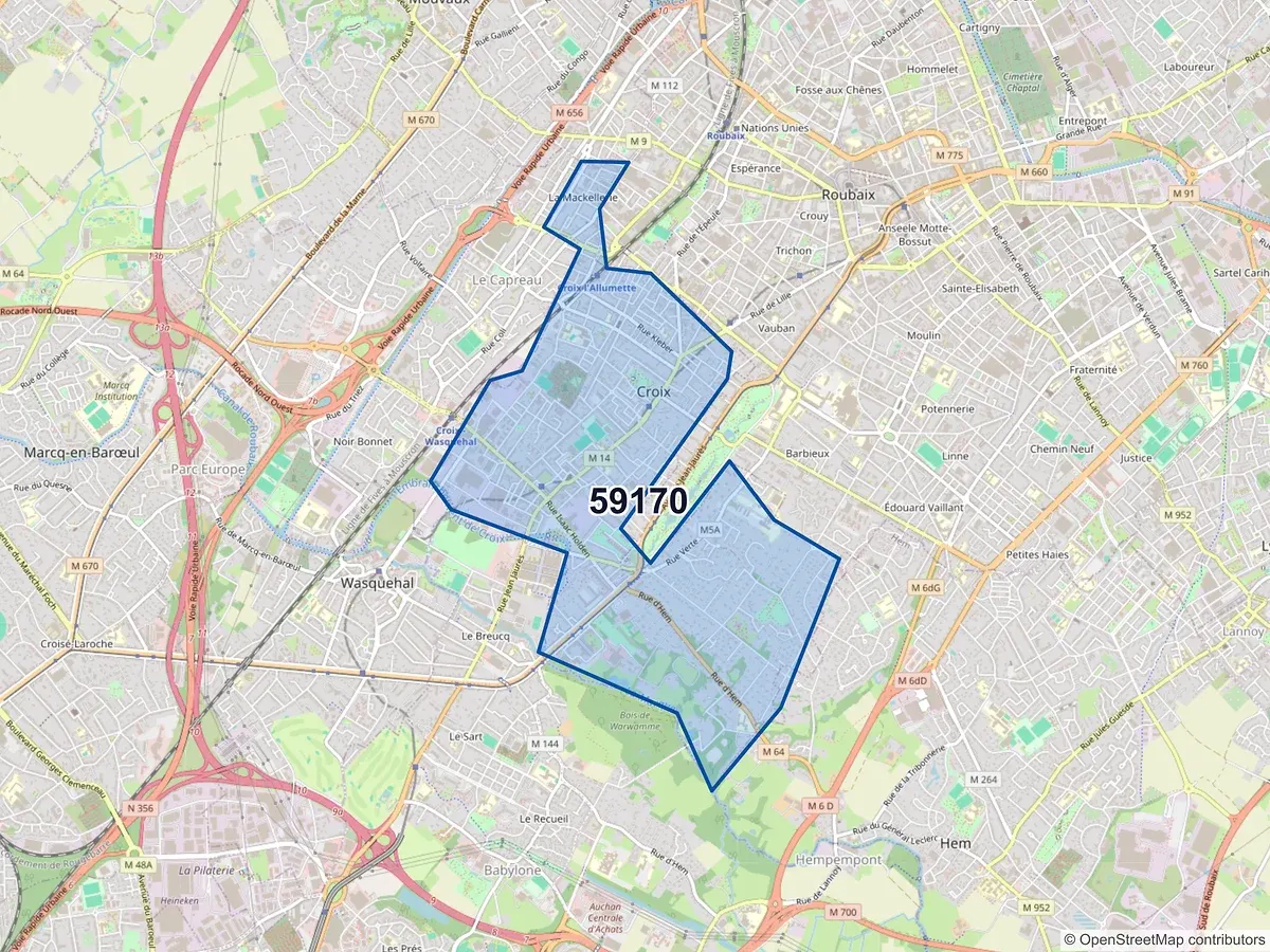 Carte du code postal 59170 (CROIX)