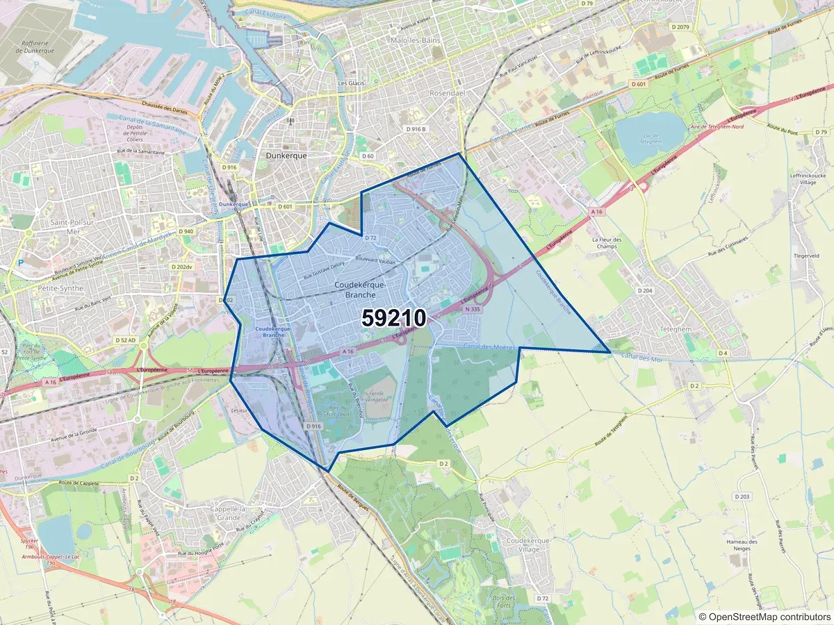 Carte du code postal 59210 (COUDEKERQUE BRANCHE)
