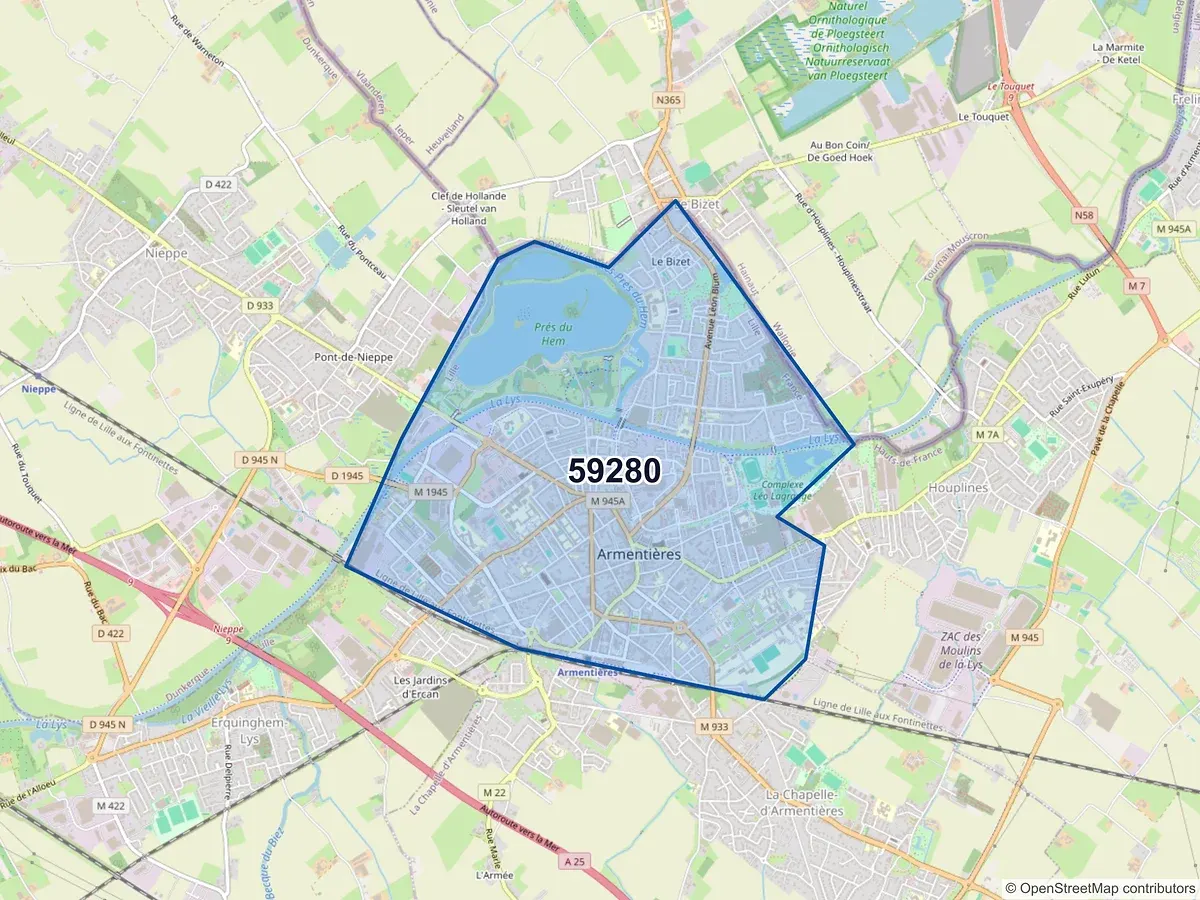 Carte du code postal 59280 (ARMENTIERES)