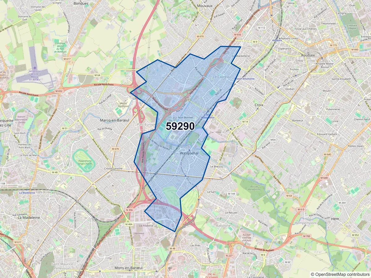 Carte du code postal 59290 (WASQUEHAL)