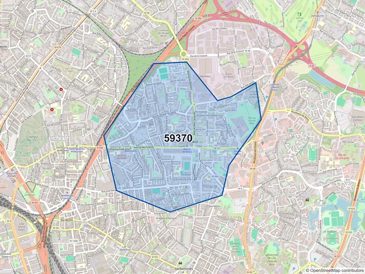 Carte du code postal 59370 (MONS EN BAROEUL)