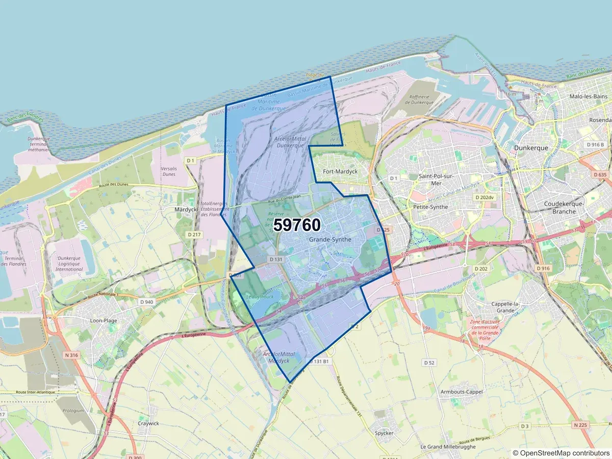 Carte du code postal 59760 (GRANDE SYNTHE)