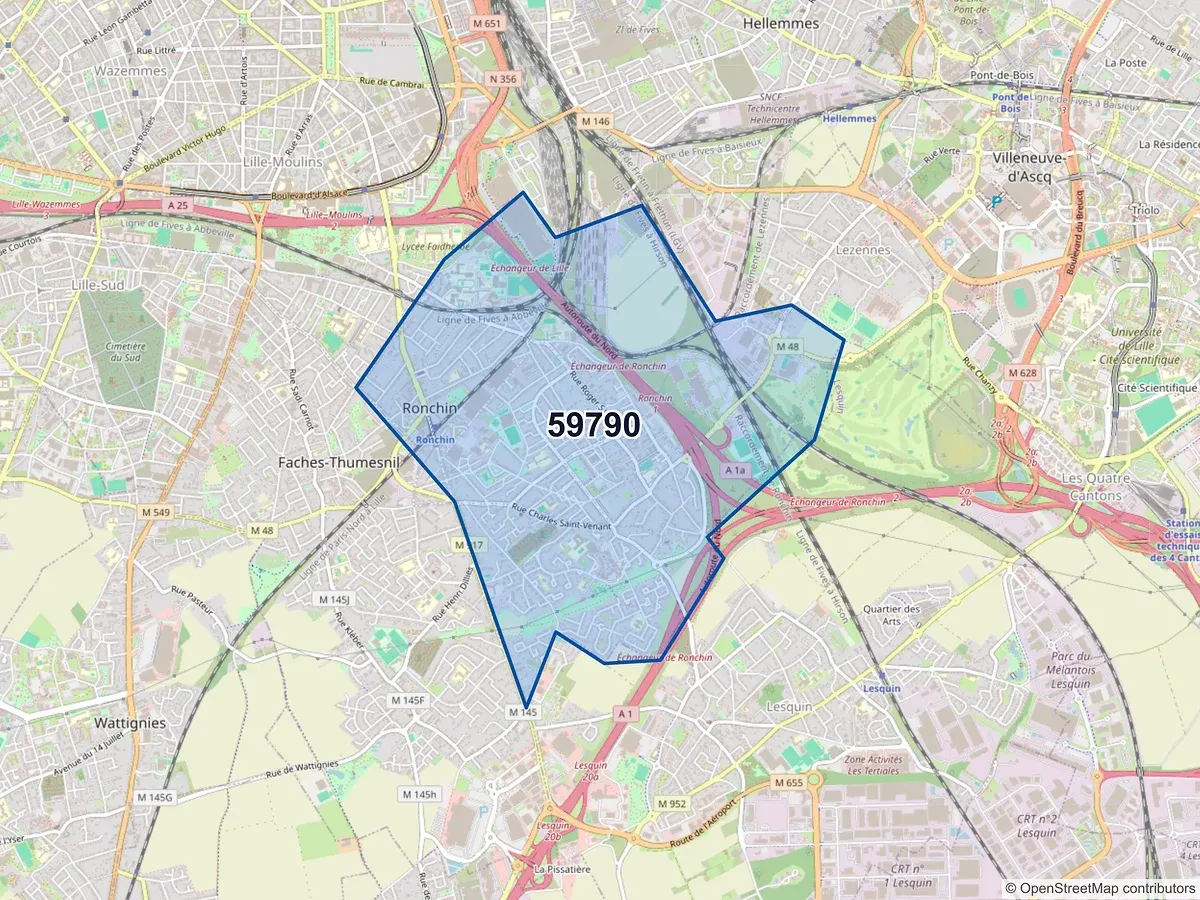 Carte du code postal 59790 (RONCHIN)