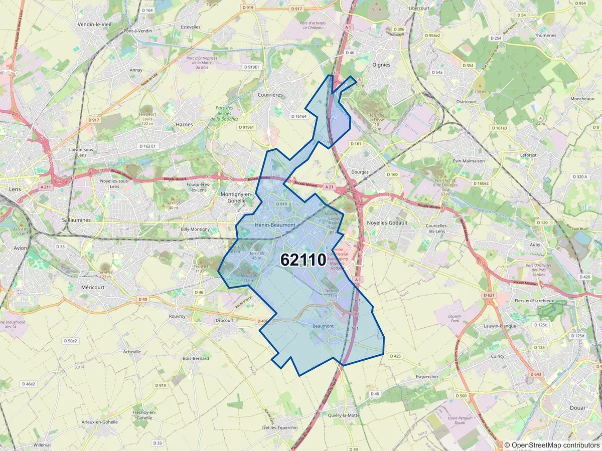 Carte du code postal 62110 (HENIN BEAUMONT)