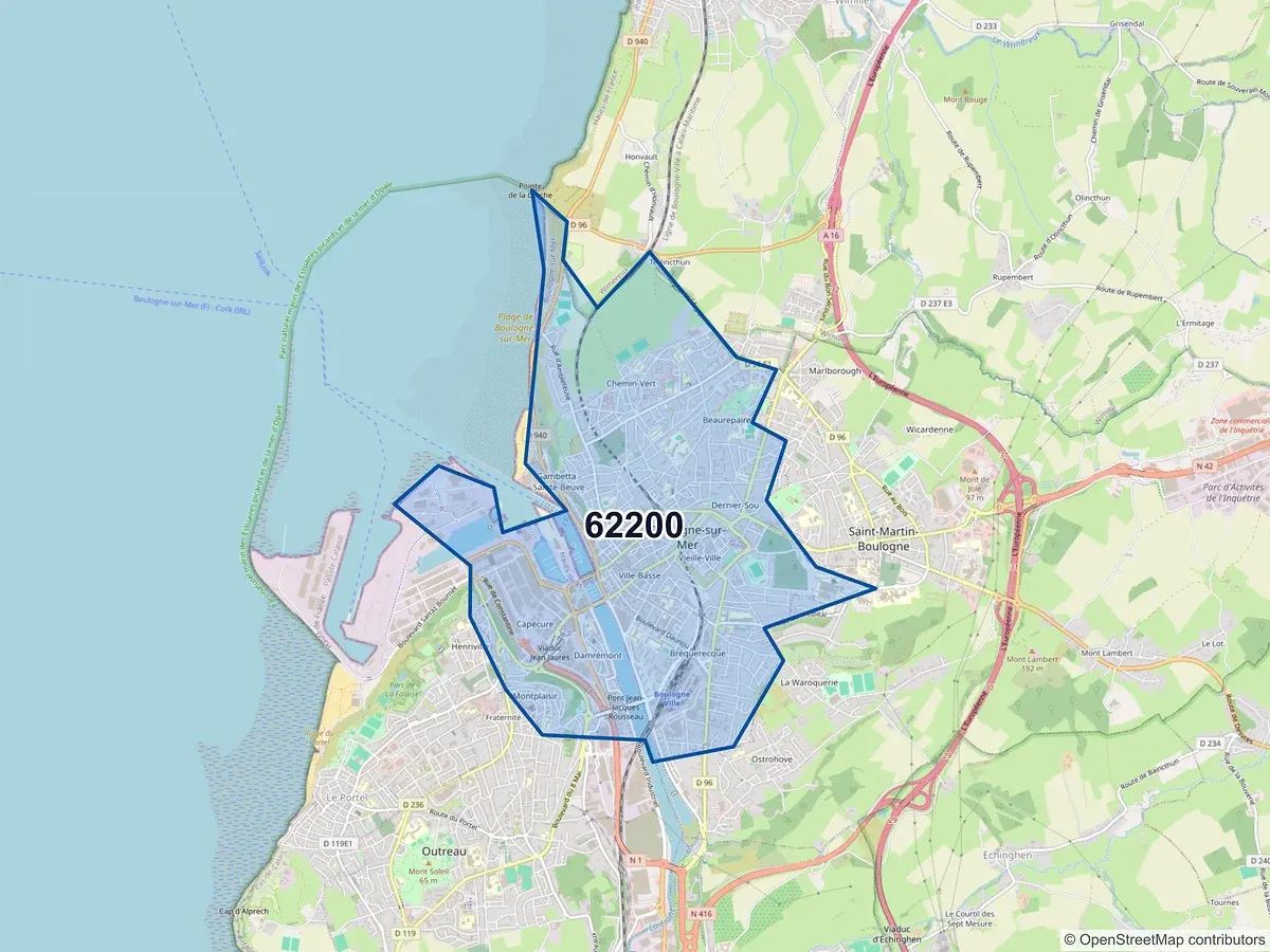 Carte du code postal 62200 (BOULOGNE SUR MER)
