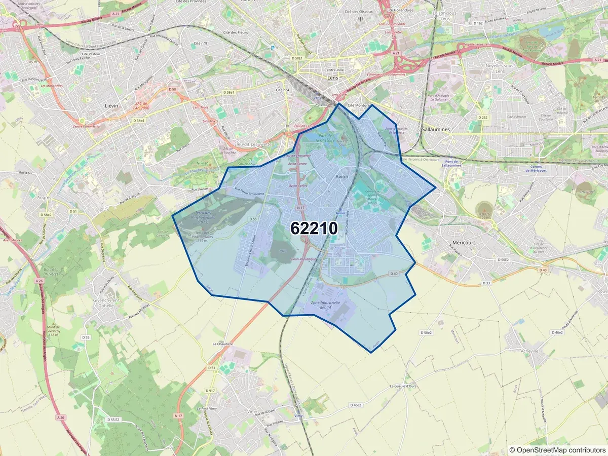 Carte du code postal 62210 (AVION)