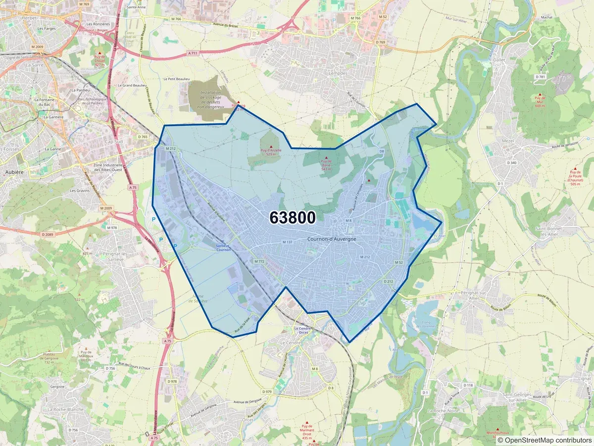 Carte du code postal 63800 (COURNON D AUVERGNE)