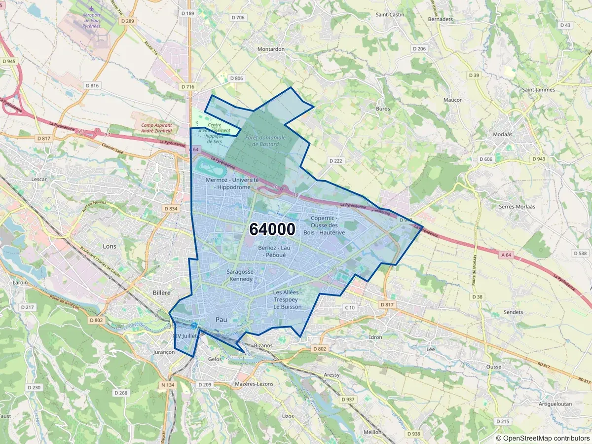 Carte du code postal 64000 (PAU)