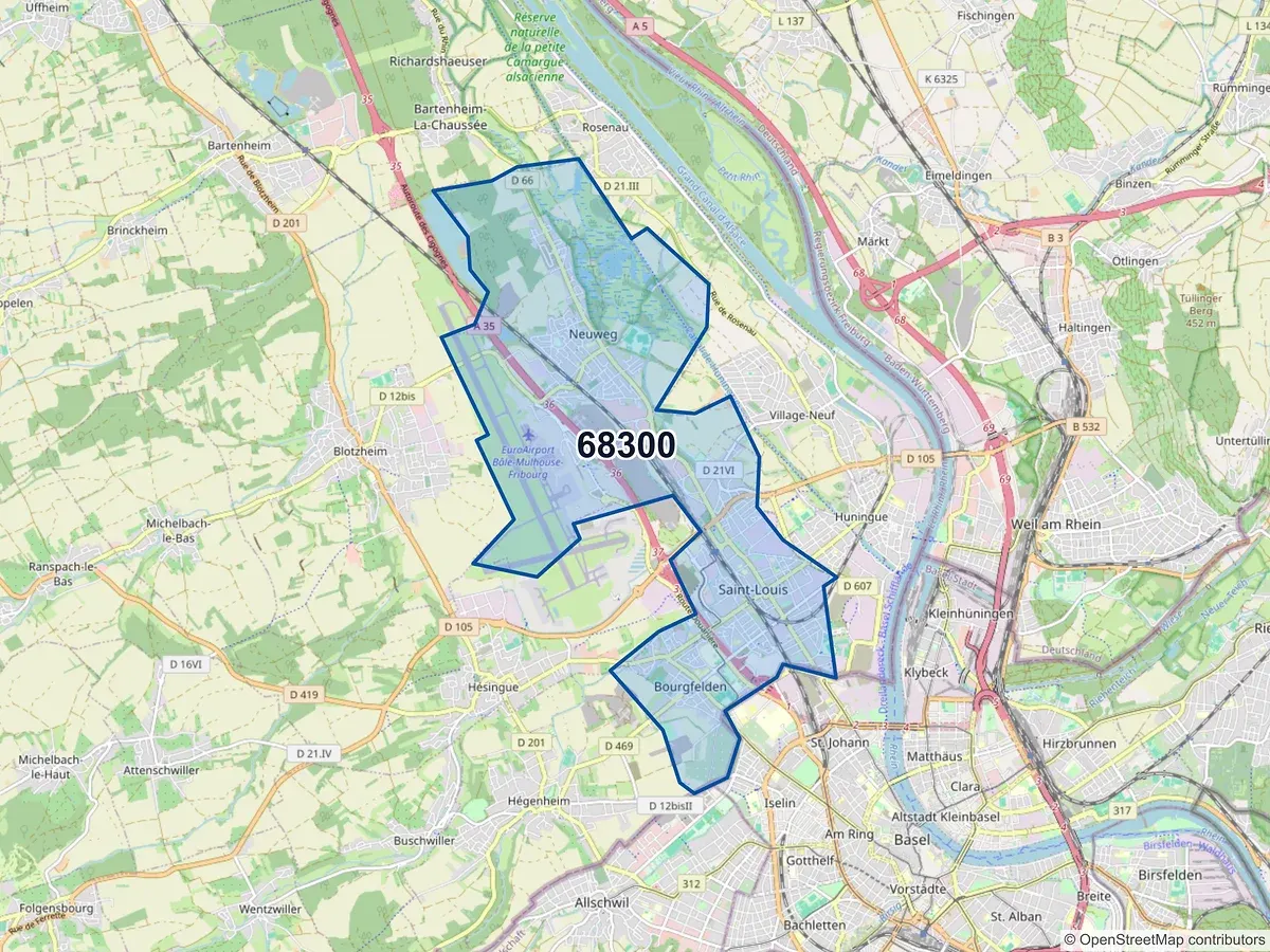 Carte du code postal 68300 (ST LOUIS)