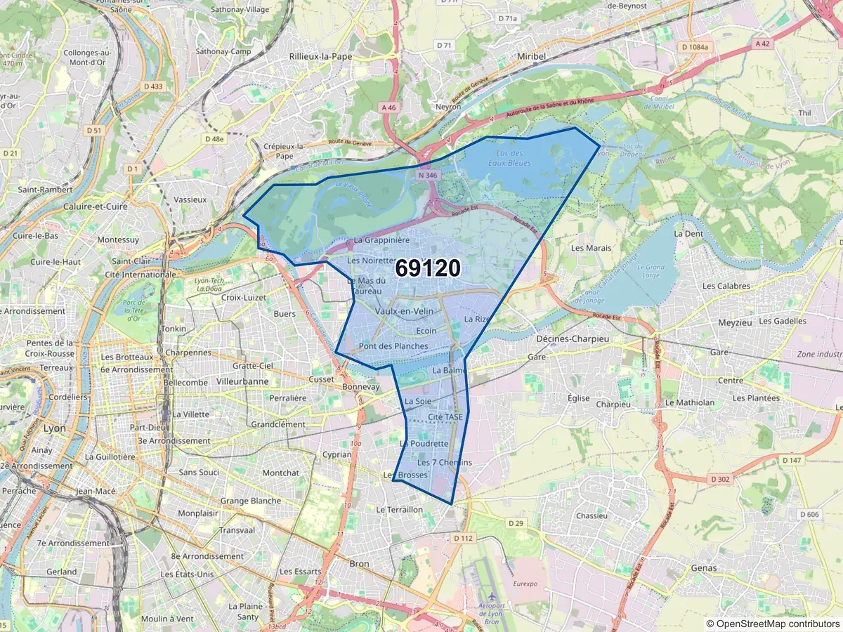 Carte du code postal 69120 (VAULX EN VELIN)