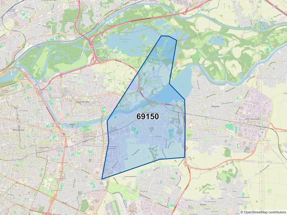 Carte du code postal 69150 (DECINES CHARPIEU)