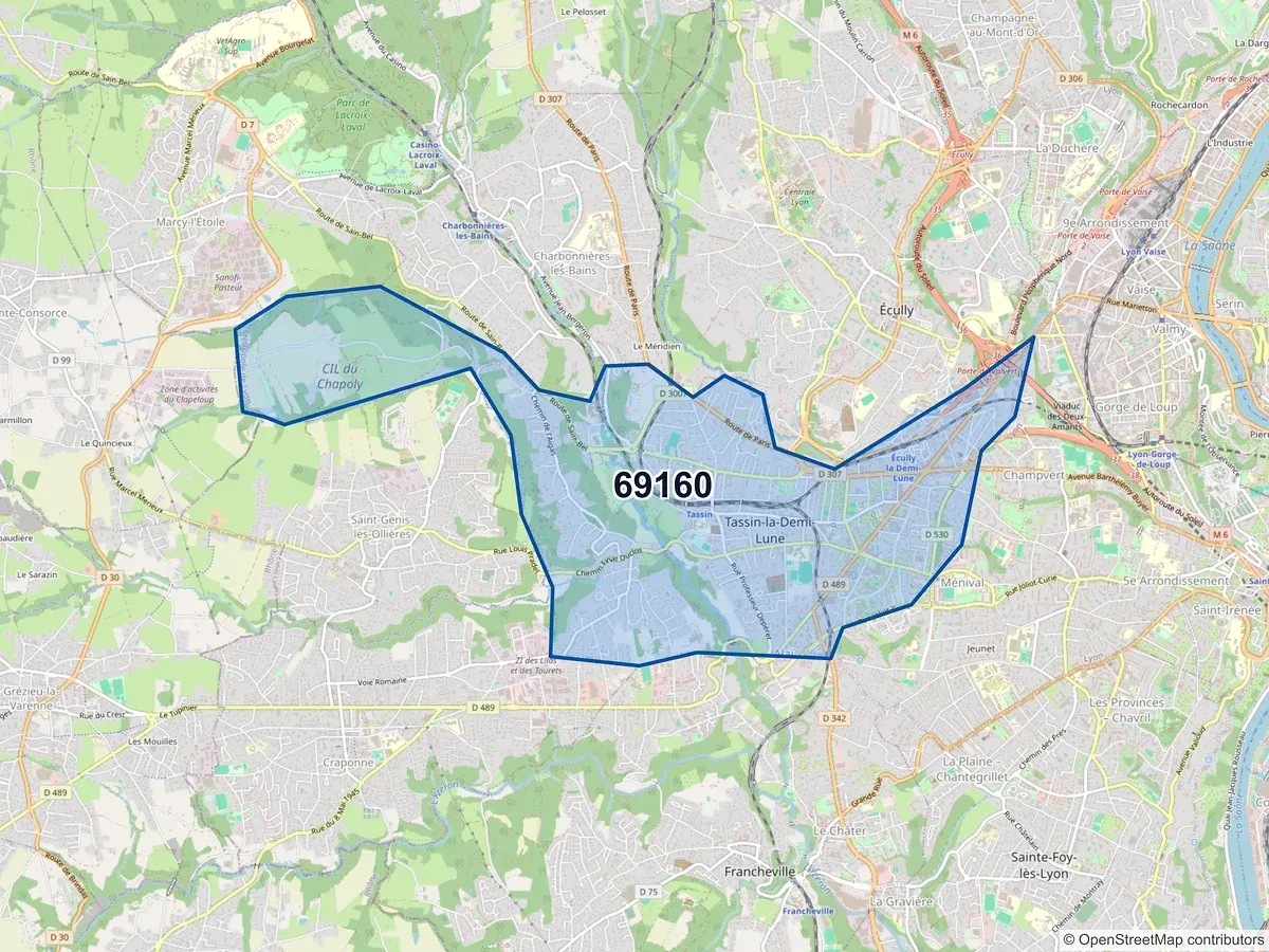 Carte du code postal 69160 (TASSIN LA DEMI LUNE)