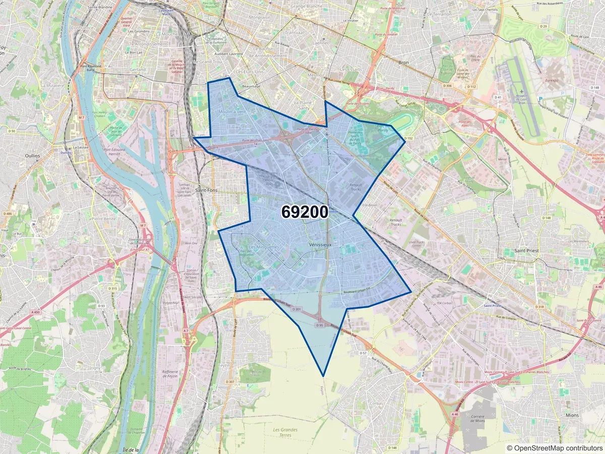Carte du code postal 69200 (VENISSIEUX)