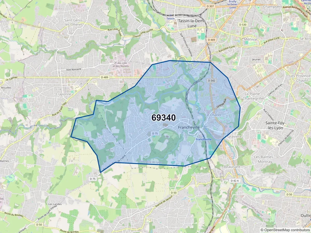 Carte du code postal 69340 (FRANCHEVILLE)