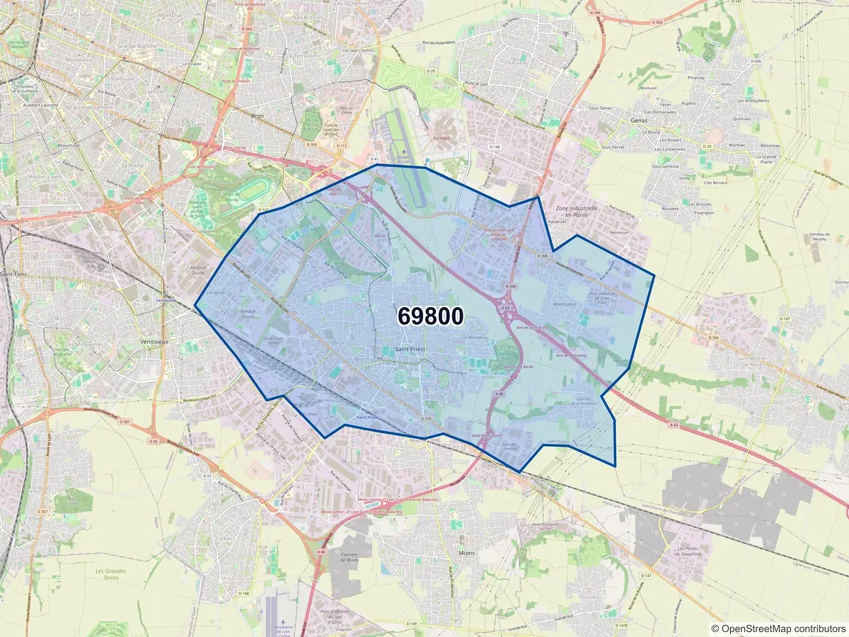 Carte du code postal 69800 (ST PRIEST)