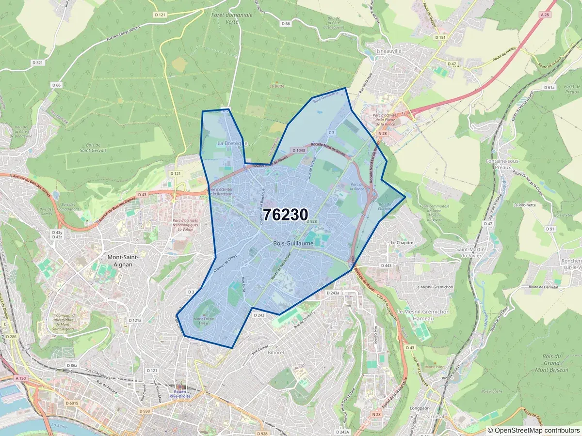Carte du code postal 76230 (BOIS GUILLAUME)